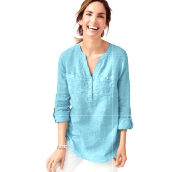 Talbots Linen Sky Blue Pintuck Popover Cross Dyed Tunic Blouse Women's SZ L - Picture 1 of 9
